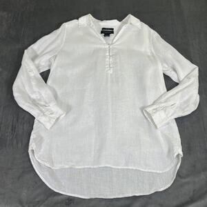 Tahari Womens Small White Popover Coastal Resort Vacay 100% Linen Long Sleeve